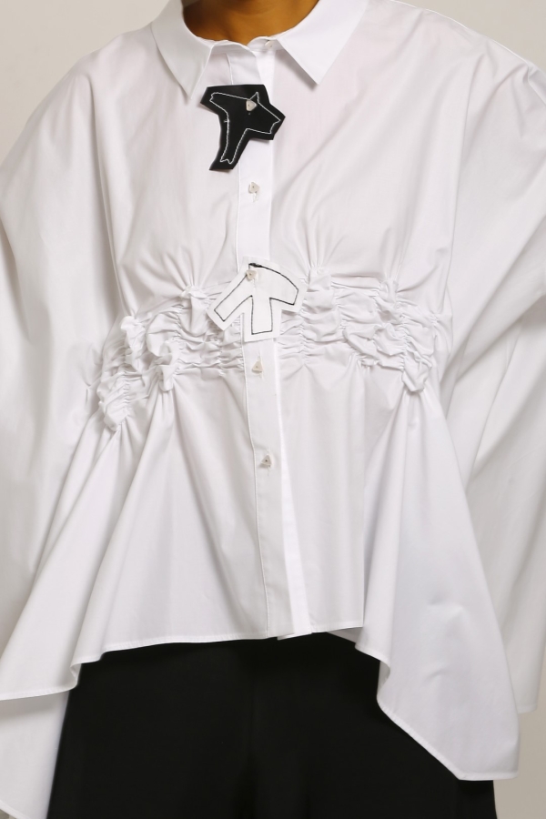 Gathered Waist Bird Motif Shirt - White - 4