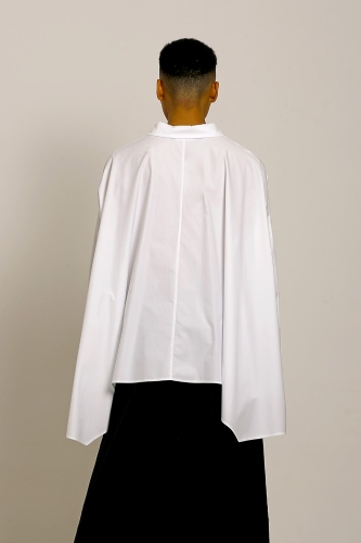 Gathered Waist Bird Motif Shirt - White - 11