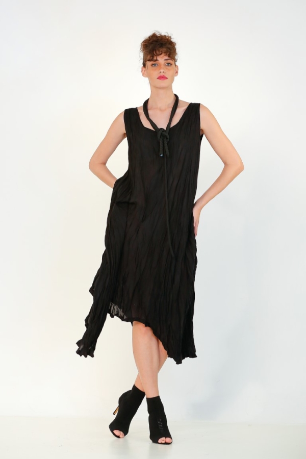 Glossy Crinkle Sleeveless Dress - Black - 2