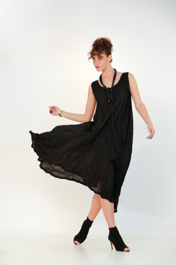 Glossy Crinkle Sleeveless Dress - Black - 3