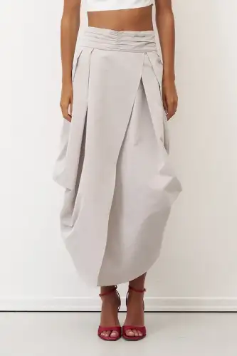 Gri Beli Drape Kemerli Anvelop Arkoi Etek - 1