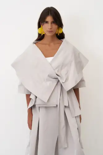 Gri Büyük Şal Yaka Kruvaze Arkoi Ceket - 3