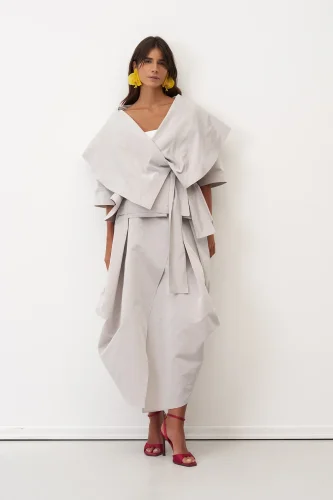 Gri Büyük Şal Yaka Kruvaze Arkoi Ceket - BIZE (1)