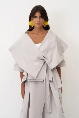 Gri Büyük Şal Yaka Kruvaze Arkoi Ceket - 3