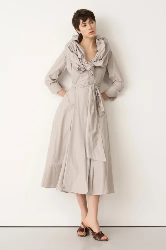 Gri Çift Yakalı Uzun Kollu Kemerli Dia Elbise - 1