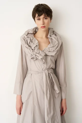 Gri Çift Yakalı Uzun Kollu Kemerli Dia Elbise - 3