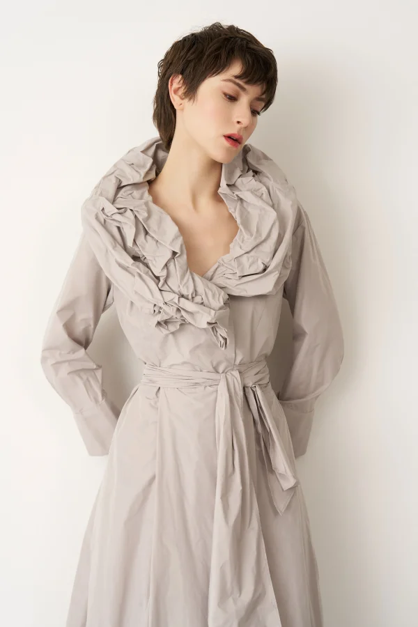 Gri Çift Yakalı Uzun Kollu Kemerli Dia Elbise - 4