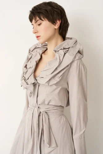 Gri Çift Yakalı Uzun Kollu Kemerli Dia Elbise - 5