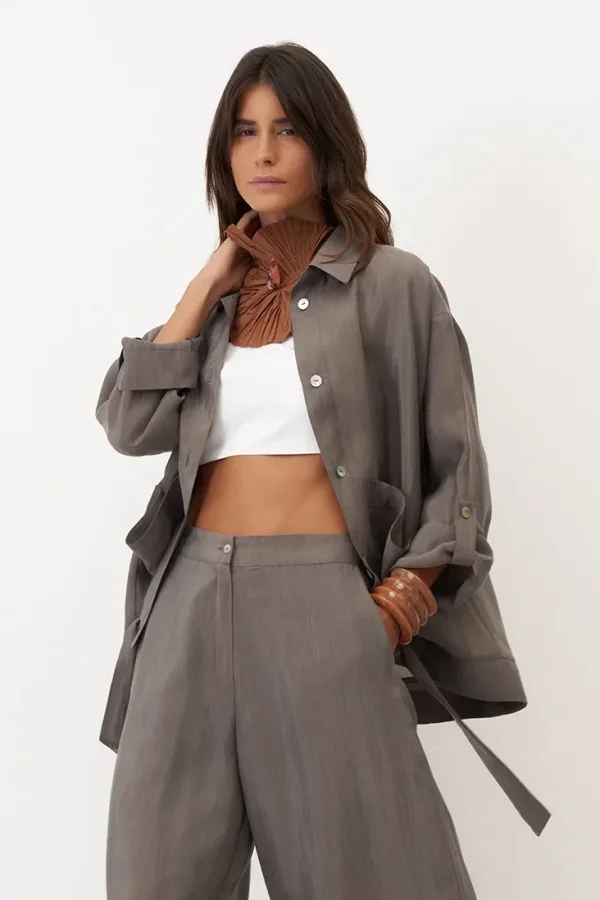 Gri Etek Ucu Büzgülü Uzun Kollu Mykonos Ceket - 4