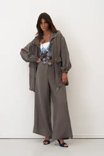 Gri Kapüşonlu Fermuarlı Büyük Cepli Mykonos Ceket - 5