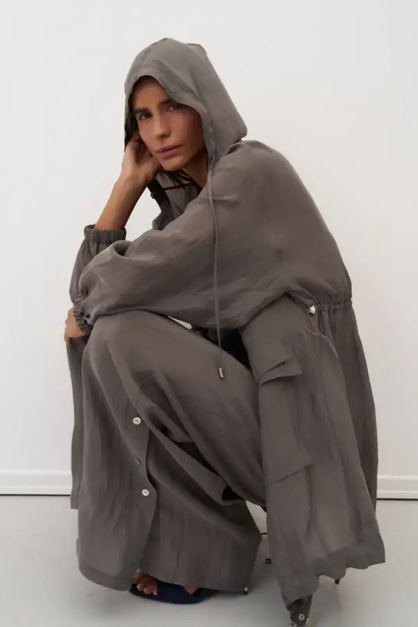 Gri Kapüşonlu Fermuarlı Büyük Cepli Mykonos Ceket - 7