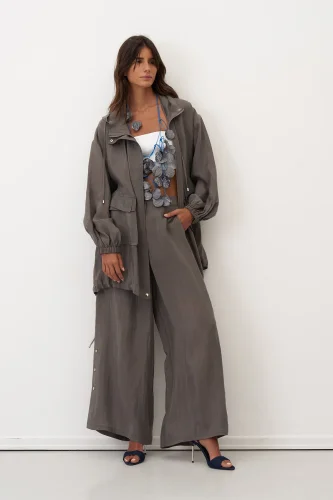 Gri Kapüşonlu Fermuarlı Büyük Cepli Mykonos Ceket - 1