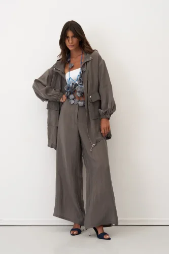 Gri Kapüşonlu Fermuarlı Büyük Cepli Mykonos Ceket - 5