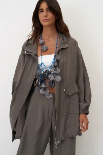 Gri Kapüşonlu Fermuarlı Büyük Cepli Mykonos Ceket - 6