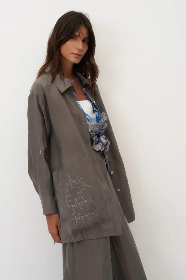 Gri Nakış Detaylı Büyük Cepli Mykonos Gömlek - 3