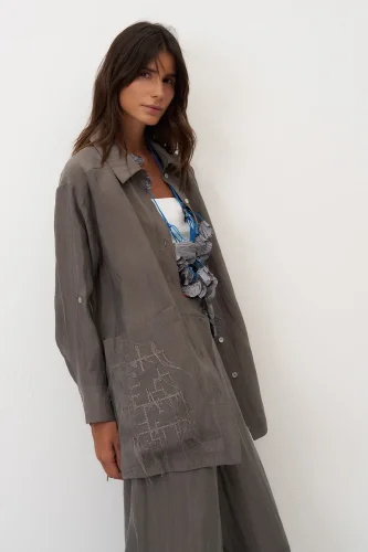 Gri Nakış Detaylı Büyük Cepli Mykonos Gömlek - 3