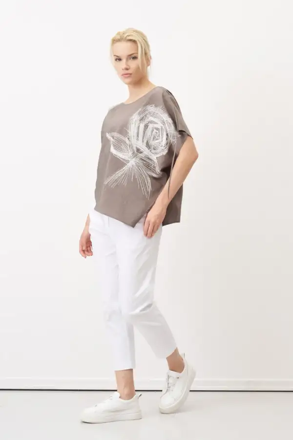 Gri Önü Baskılı Omuzu Kırışık Bantlı Mykonos Bluz - 2