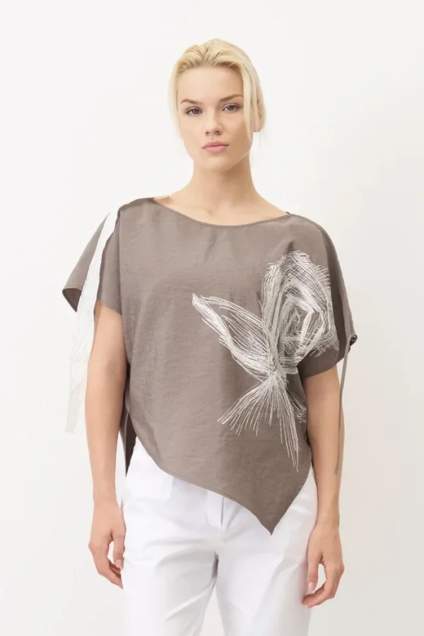 Gri Önü Baskılı Omuzu Kırışık Bantlı Mykonos Bluz - 1