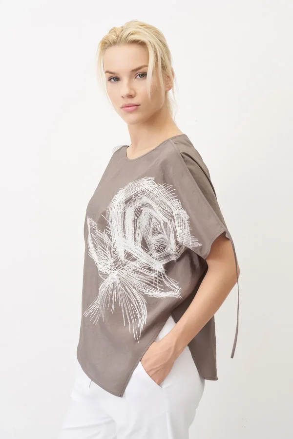 Gri Önü Baskılı Omuzu Kırışık Bantlı Mykonos Bluz - 2