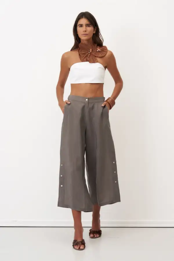 Gri Yanları Düğmeli Geniş Kesim Kısa Paça Mykonos Pantolon - 3