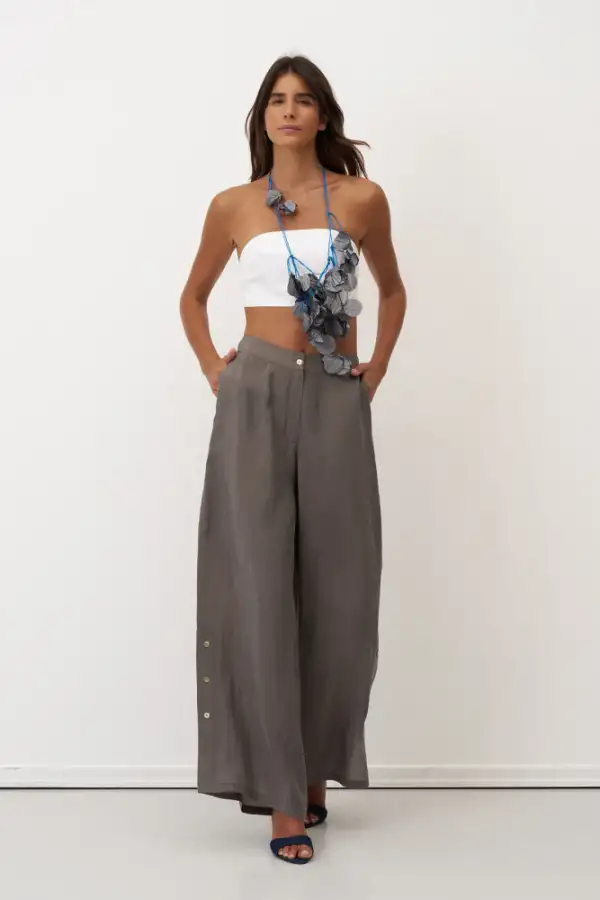 Gri Yanları Düğmeli Geniş Kesim Mykonos Pantolon - 1