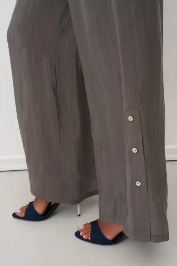 Gri Yanları Düğmeli Geniş Kesim Mykonos Pantolon - 4