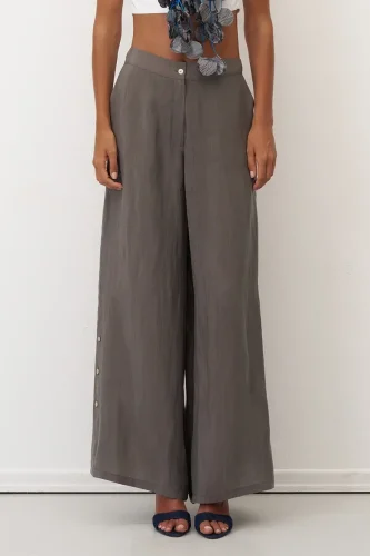 Gri Yanları Düğmeli Geniş Kesim Mykonos Pantolon - 2