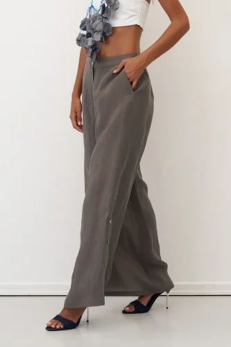 Gri Yanları Düğmeli Geniş Kesim Mykonos Pantolon - 3