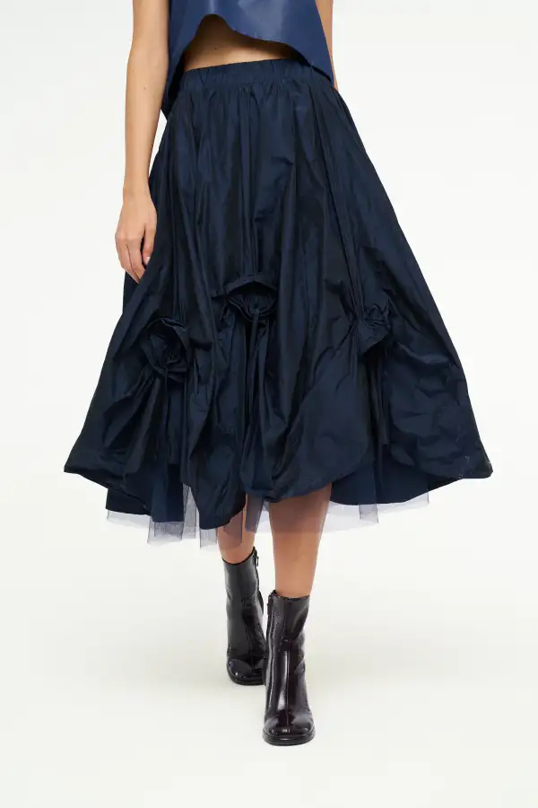 Gül Motifli Tafta Etek - Lacivert - BIZE (1)