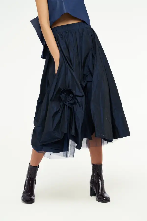 Gül Motifli Tafta Etek - Lacivert - 1