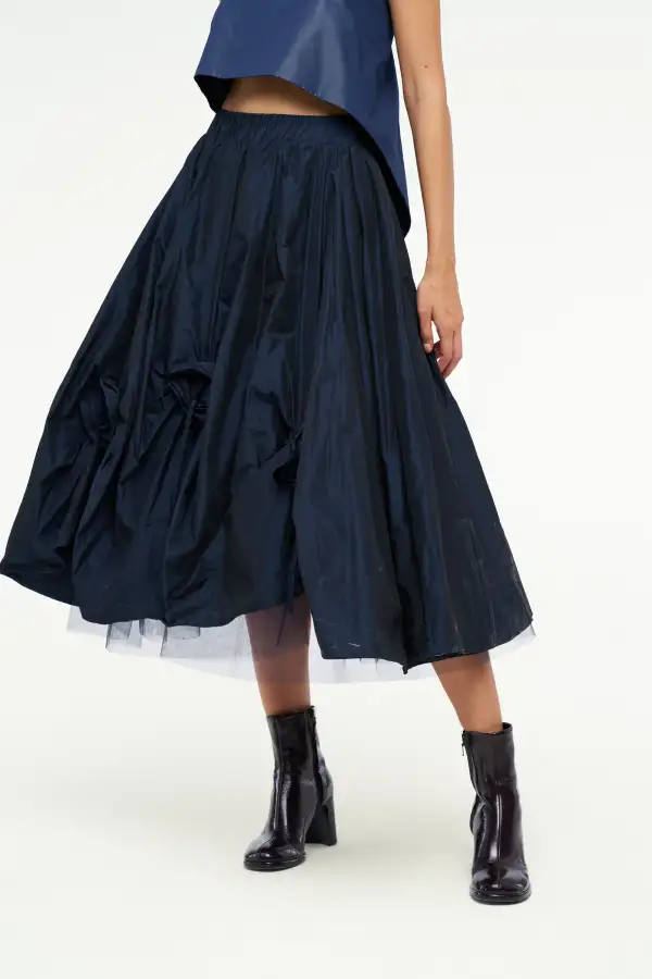 Gül Motifli Tafta Etek - Lacivert - 3