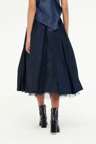 Gül Motifli Tafta Etek - Lacivert - 5