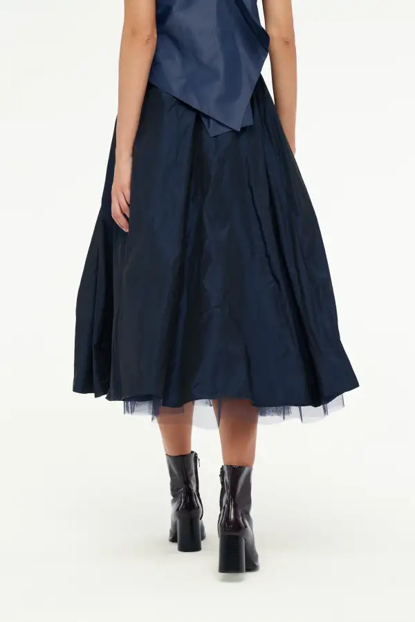 Gül Motifli Tafta Etek - Lacivert - 5