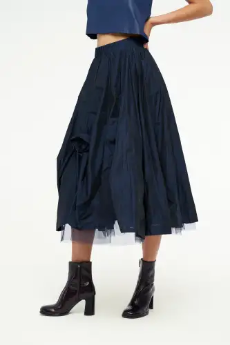 Gül Motifli Tafta Etek - Lacivert - 4