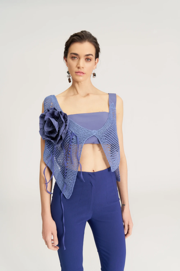 Gül Süslü Triko Bolero - Mavi - 1