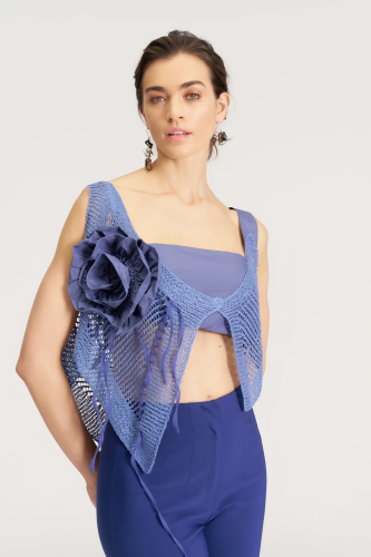 Gül Süslü Triko Bolero - Mavi - 3