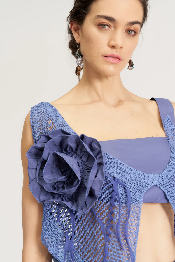 Gül Süslü Triko Bolero - Mavi - 4