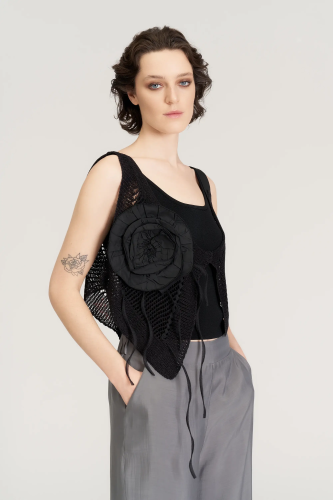 Gül Süslü Triko Bolero - Siyah - 3