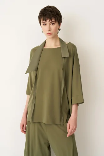 Haki Tafta Fular Yakalı Poros Bluz - 1