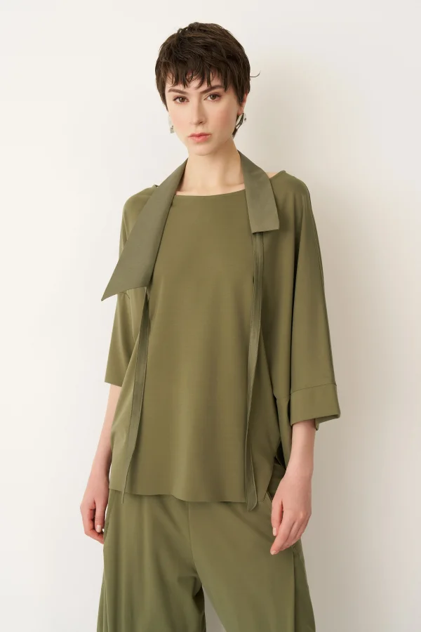 Haki Tafta Fular Yakalı Poros Bluz - 1