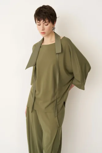 Haki Tafta Fular Yakalı Poros Bluz - 3