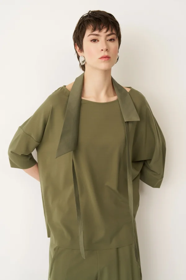 Haki Tafta Fular Yakalı Poros Bluz - 4