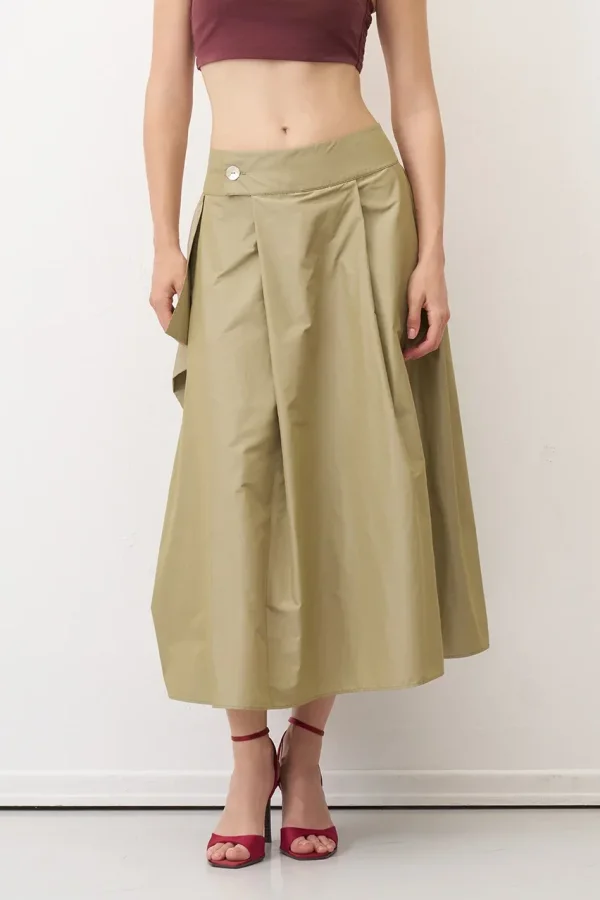 Haki Yanı Asimetrik Kesimli Sedef Düğmeli Arkoi Etek - 1