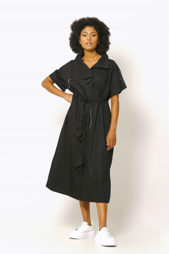 Half Sleeve Stitched Dress - Black - 1