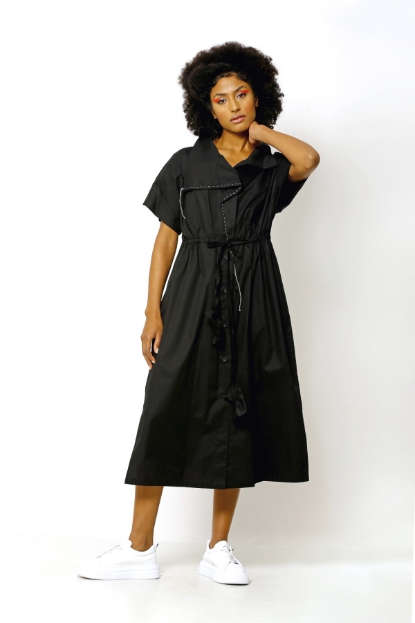 Half Sleeve Stitched Dress - Black - 2