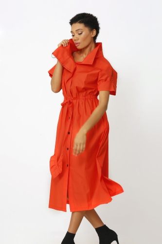 Half Sleeve Stitched Dress - Coral - 2