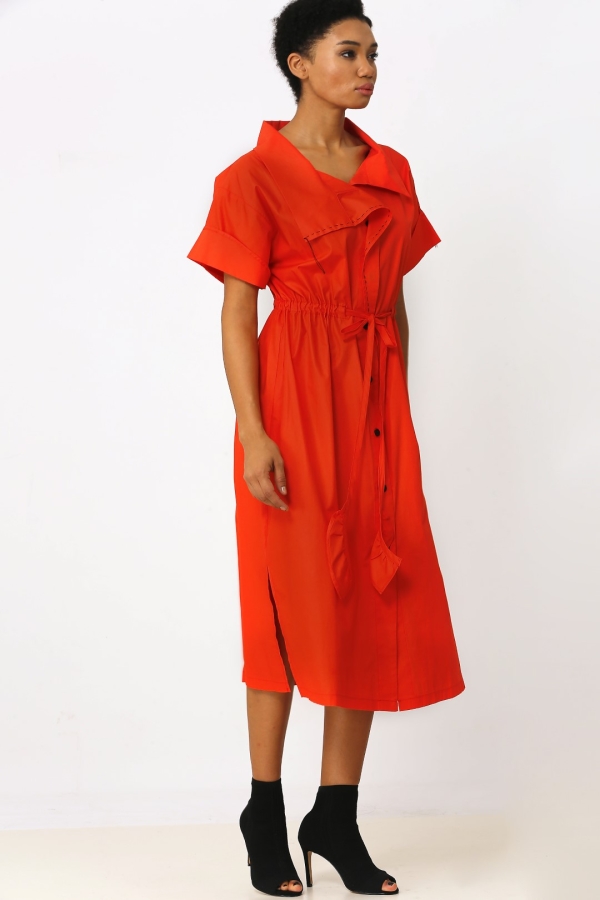 Half Sleeve Stitched Dress - Coral - 3