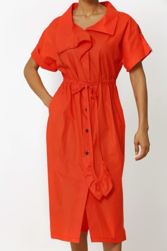 Half Sleeve Stitched Dress - Coral - 4