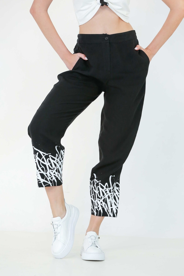 Hem Printed Linen Pants - Black - 1