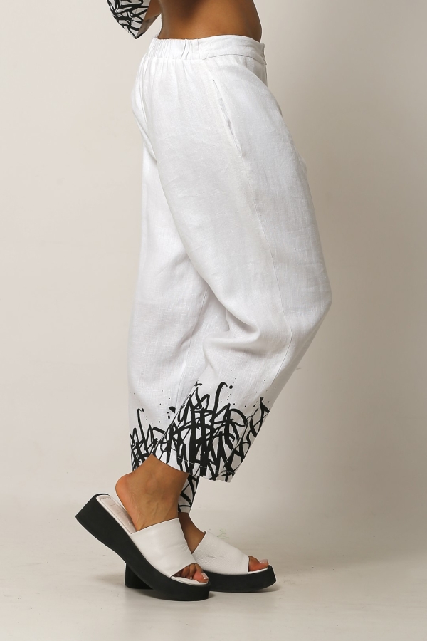 Hem Printed Linen Pants - White - 4